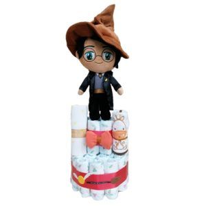 tarta de pañales harry potter con babero,body y calcetines