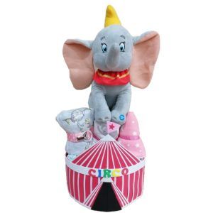 tarta de pañales dumbo niña con pijama dumbo,babero,gasa y portachupetes