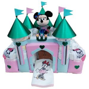 castillo de pañales niña minnie con babero,body y calcetines minnie