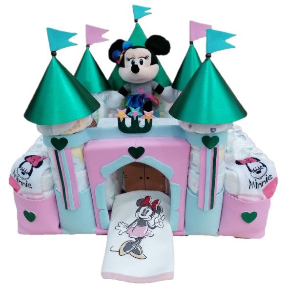 castillo de pañales niña minnie con babero,body y calcetines minnie