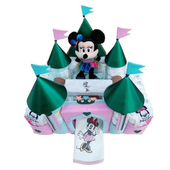 castillo de pañales niña minnie con babero,body y calcetines minnie