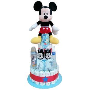 Tarta Pañales Gigante Mickey baby shower con patucos,babero,pijama,biberon mickey