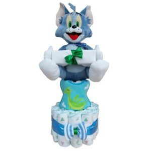 tarta de pañales tom y jerry con babero,calcetines y body