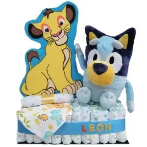 tarta de pañales silueta rey león y peluche bluey