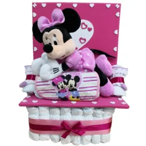 Tarta de Pañales Cuadrada Disney minnie con babero minnie y calcetines
