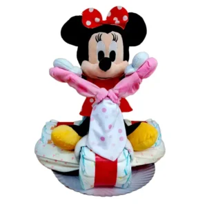 Tarta de Pañales Personalizada triciclo minnie con gasa,babero,calcetines y pijama
