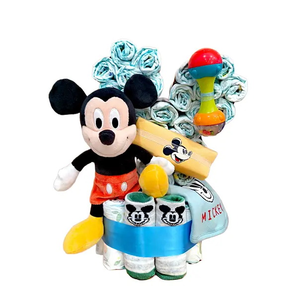 Figura de Pañales Silueta mickey con babero,calcetines y body mickey con sonajero