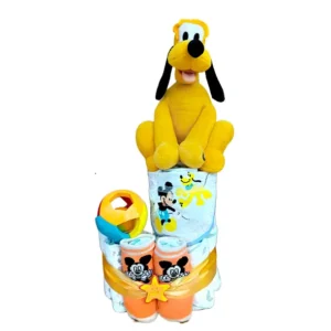 Tarta de Pañales Pluto y amigos con sonajero,babero pluto y calcetines mickey
