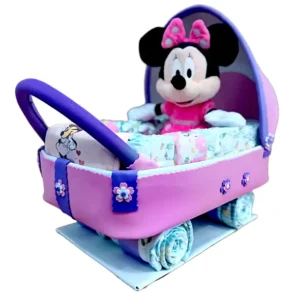 Carrito Bebé de Pañales Minnie Mouse con pijama,gasa,babero minnie